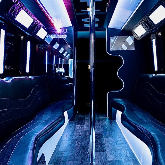 Party bus interior with blue LED lighting and dance pole
